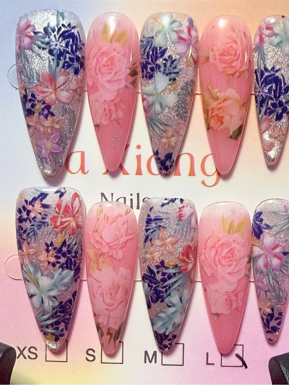 Floral Pink & Silver Stiletto Press-On Nails